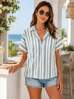 Doe & Rae White Green Navy Striped Collared Popover Top Short Sleeve Cotton NWT